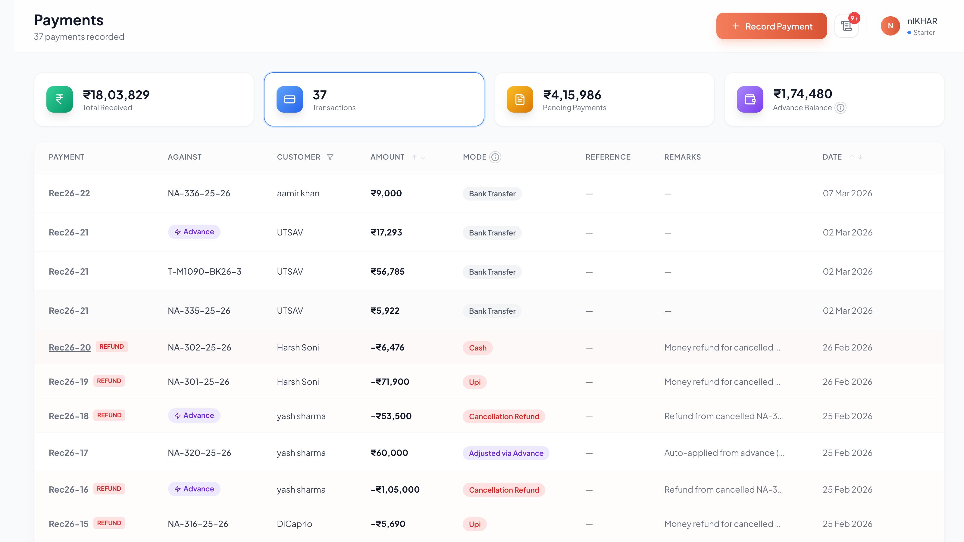 MoonTrip advance ledger PDF export showing credit and debit columns with running balance, payment references, and booking allocations